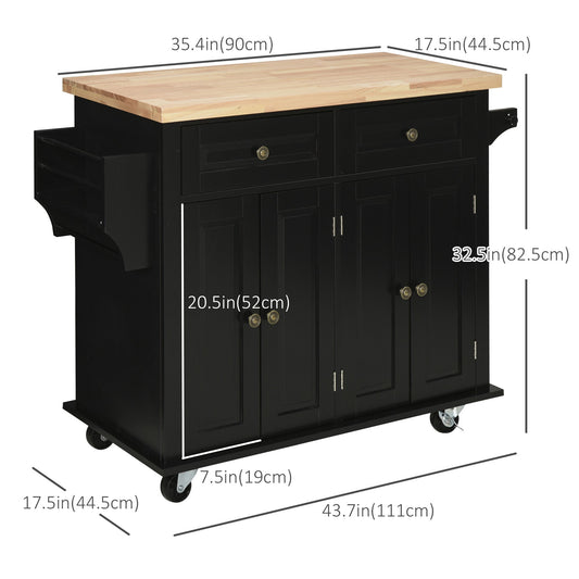 Kitchen Island with Storage, Rolling Trolley Cart with Rubber Wood Top, Spice Rack, Towel Rack, Black - Gallery Canada
