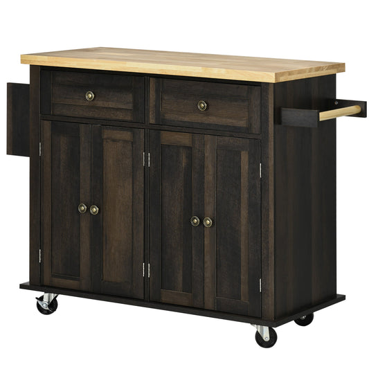 Kitchen Island with Storage, Rolling Trolley Cart with Rubber Wood Top, Spice Rack, Towel Rack, Brown Oak at Gallery Canada