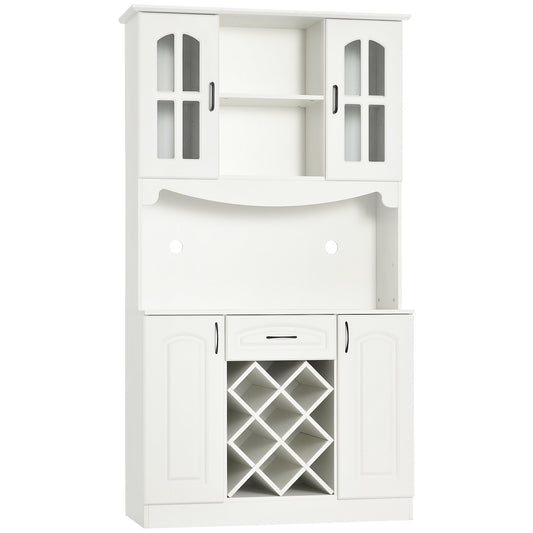 Kitchen Pantry Cabinet, with Hutch, Utility Drawer, 4 Door Cabinets and 6-Bottle Wine Rack, White - Gallery Canada