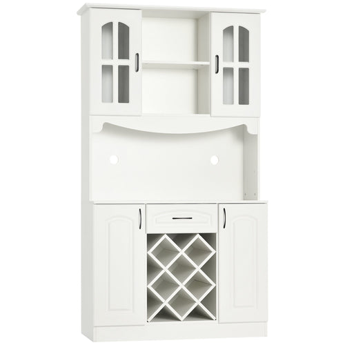 Kitchen Pantry Cabinet, with Hutch, Utility Drawer, 4 Door Cabinets and 6-Bottle Wine Rack, White