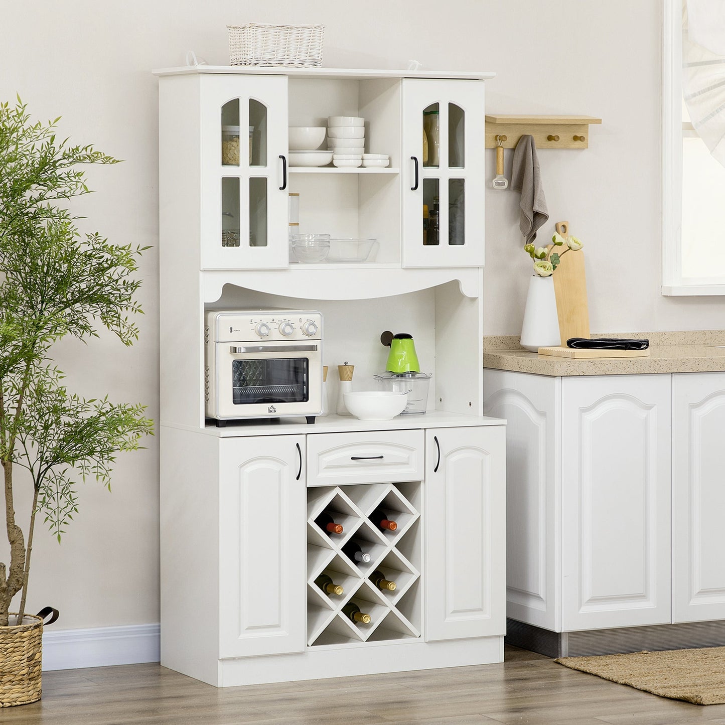 Kitchen Pantry Cabinet, with Hutch, Utility Drawer, 4 Door Cabinets and 6-Bottle Wine Rack, White at Gallery Canada