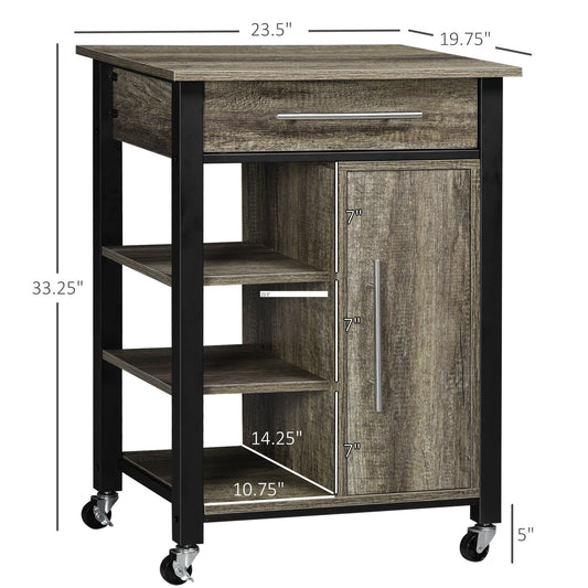 Kitchen Trolley Utility Cart on Wheels with Storage Shelves &; Drawer for Dining Room, Dark Oak at Gallery Canada