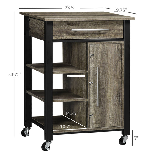 Kitchen Trolley Utility Cart on Wheels with Storage Shelves &; Drawer for Dining Room, Dark Oak