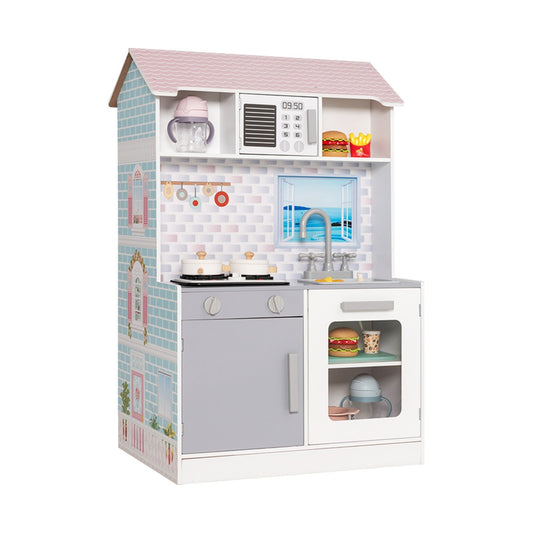 2-In-1 Double Sided Kids Kitchen Playset and Dollhouse with Furniture, Pink
