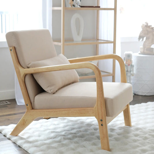 Retro Velvet Accent Chair, Wood Legs, Beige, Bedroom Lounge, Beige Accent Chairs Beige at Gallery Canada