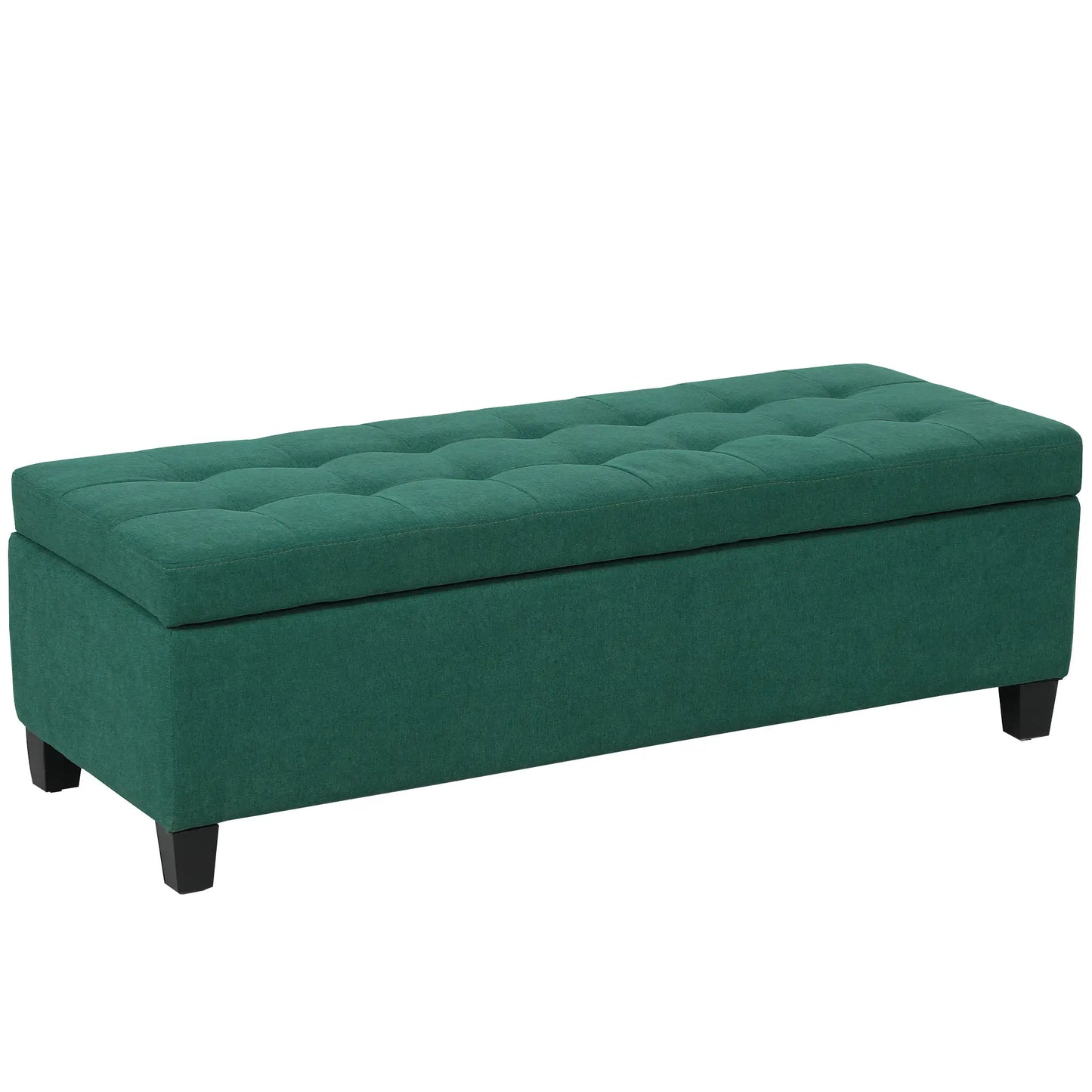 Rectangular Entry Bench, Tufted Upholstered Linen, Wood Feet, Dark Green Storage Ottomans & Benches at Gallery Canada