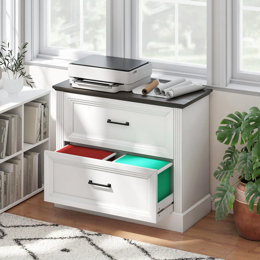 Lateral Filing Cabinet, Farmhouse, 2 Silent Drawers, Letter A4 Legal, White Office Cabinets & Cupboards White, Brown at Gallery Canada