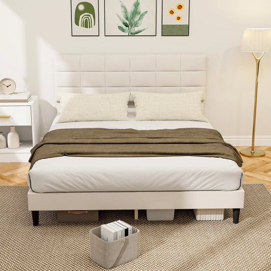 Queen Size Bed Frame, Upholstered Headboard, Wood Slats, 1100 lbs, Cream Bed Frames Cream at Gallery Canada
