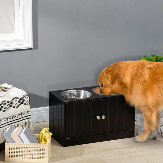 Elevated Dog Bowls, Large Pet Feeding Station with Stand, Storage, 2 Stainless Steel Bowls, 23.6" x 11.8" x 14", Black