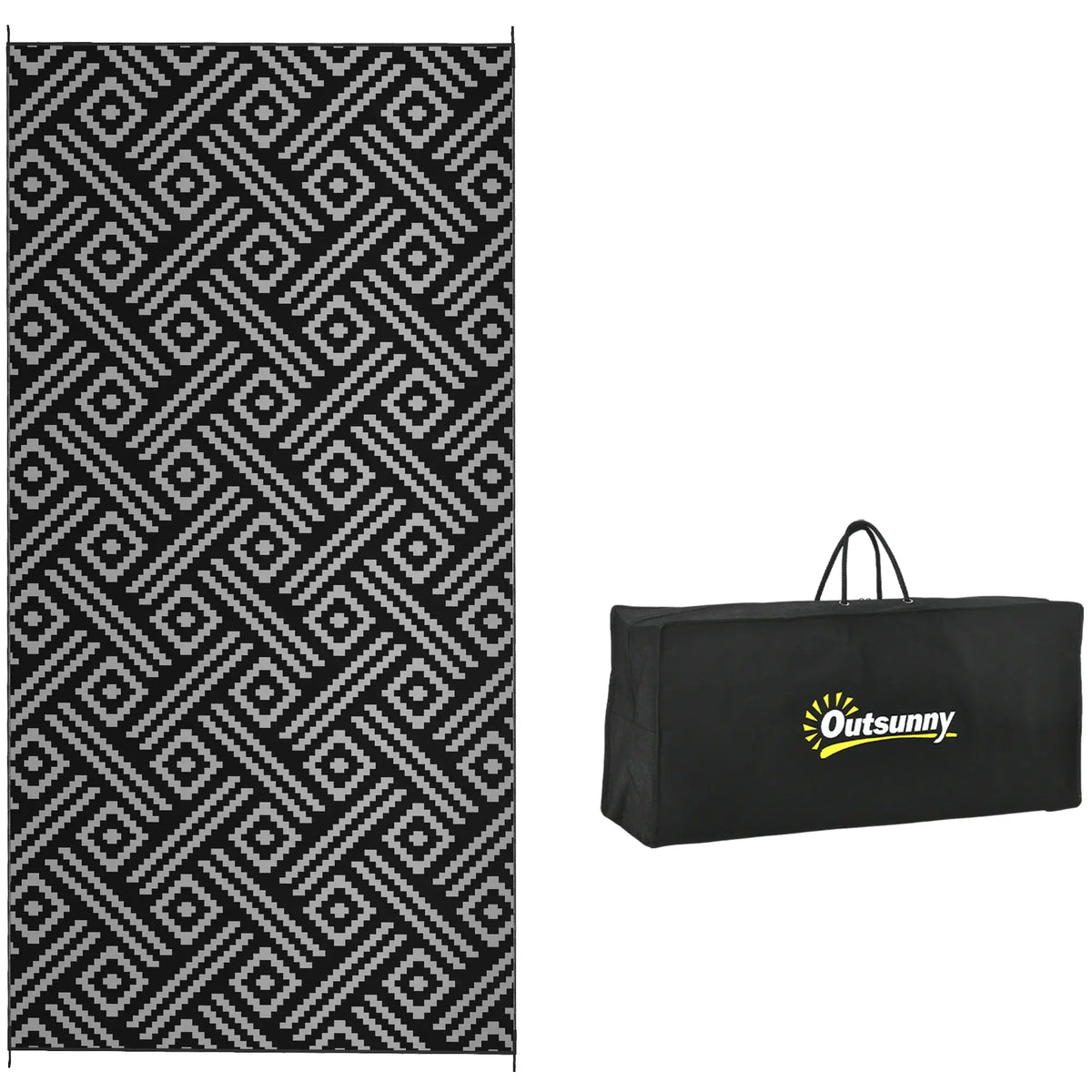 Reversible Outdoor Rug, Waterproof, 9' x 18', Geometric, Black Grey Outdoor Reversible Rugs at Gallery Canada