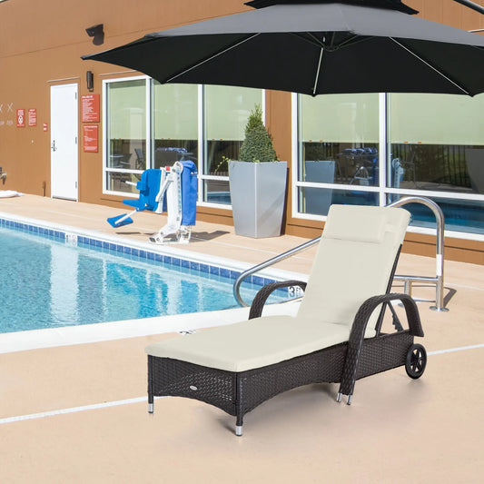 Wicker Chaise Lounge, Outdoor PE Rattan Sun Lounger, Adjustable Backrest, 5-Level, Deep Coffee Cream White, Cream White Chaise Loungers Deep Coffee at Gallery Canada