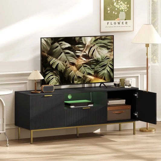 Modern TV Console, 50 Inch, With RGB LED Lights, Soft Close Doors, Black TV Stands Gold, Black at Gallery Canada
