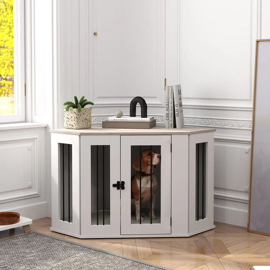 Dog Crate Furniture with Cushion, 41 Inch, Corner Design, Multi Color Houses, Kennels & Pens White, Walnut Brown, Cream at Gallery Canada