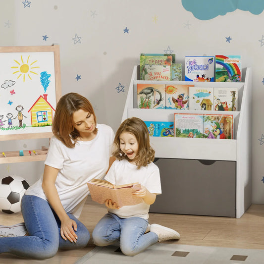 Kids Bookshelf, 3 Tier Display Shelves with Drawer, Grey Baby & Kids Storage Grey at Gallery Canada