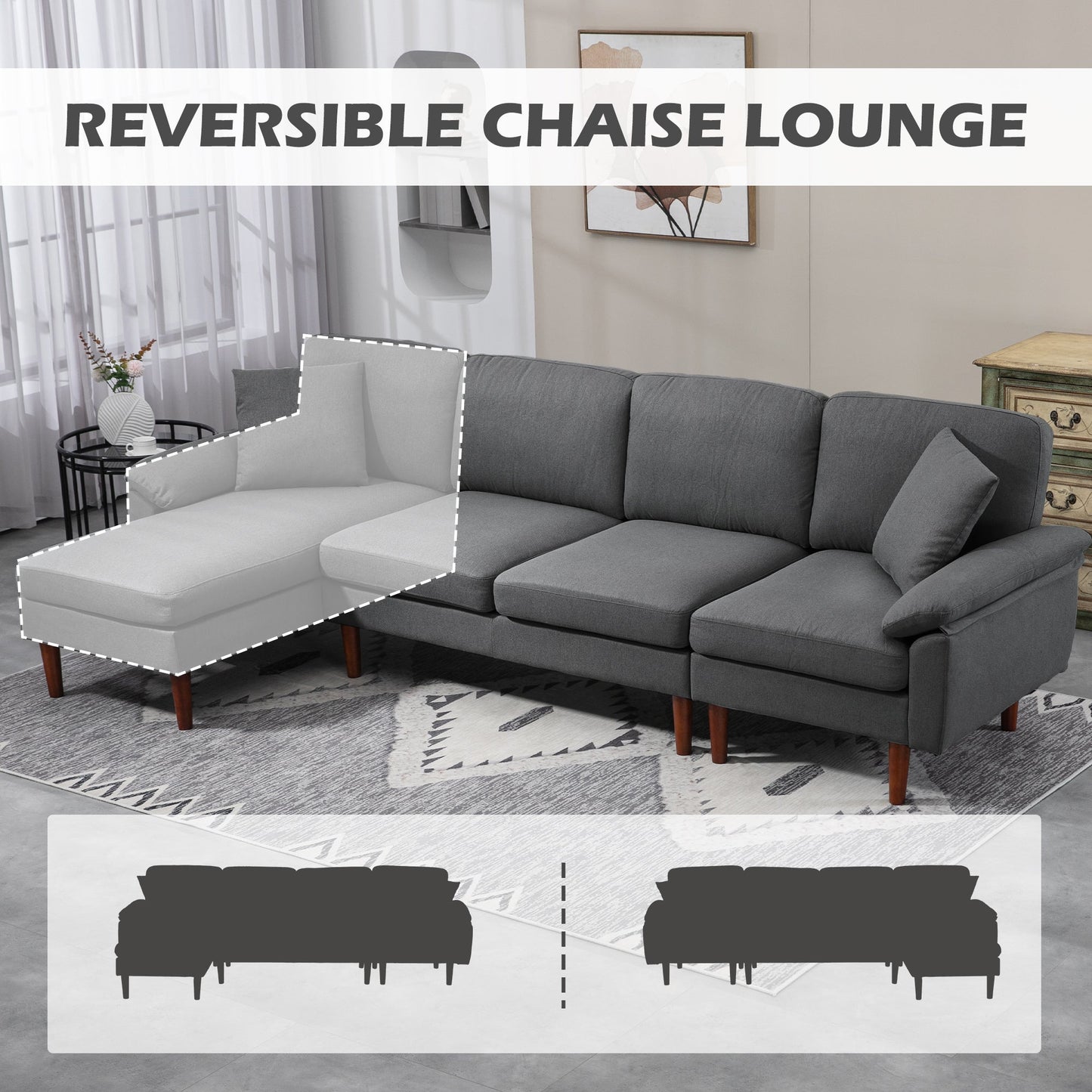 L-Shape Sofa, Modern Sectional Couch with Reversible Chaise Lounge, Pillows and Wooden Legs for Living Room, Dark Grey - Gallery Canada