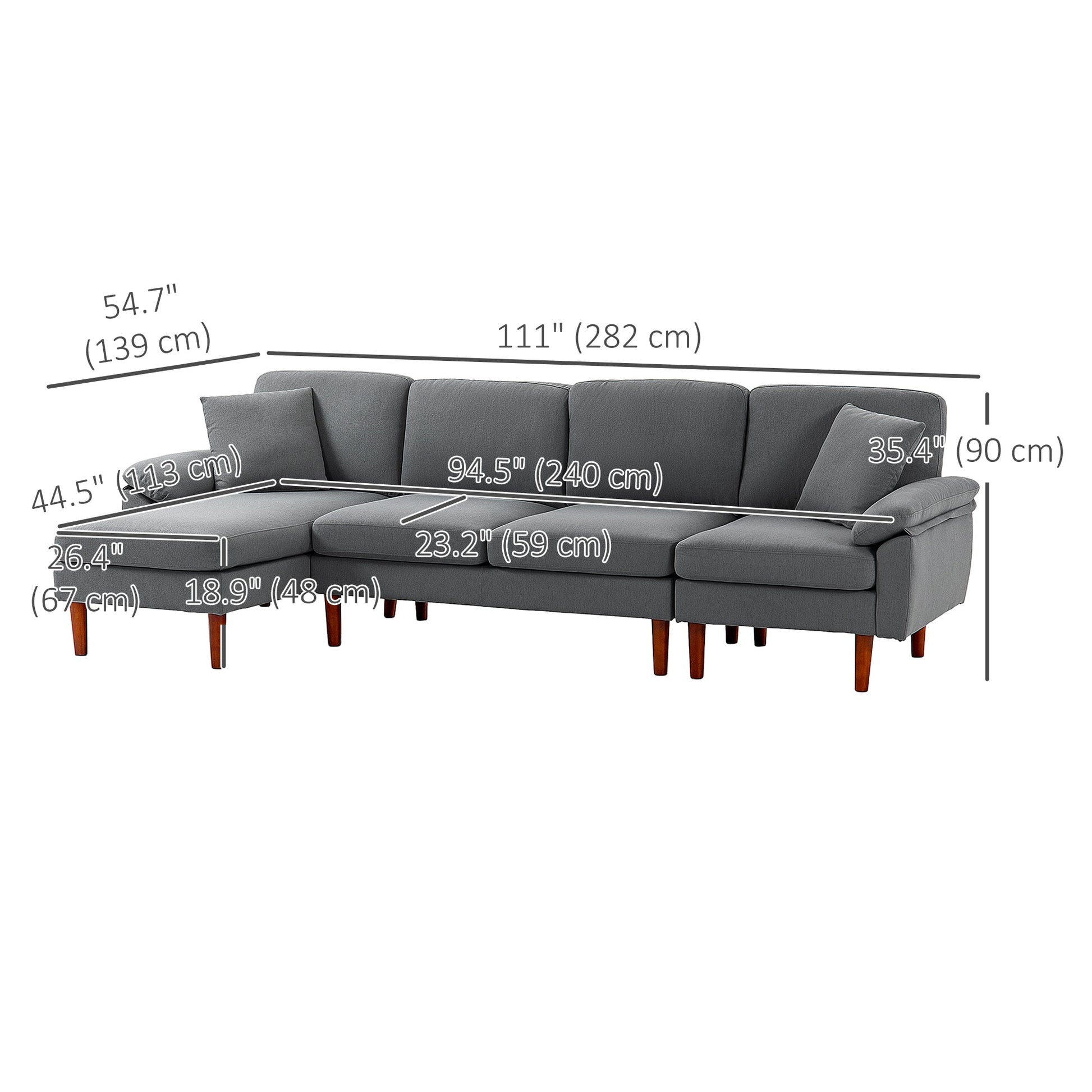 L-Shape Sofa, Modern Sectional Couch with Reversible Chaise Lounge, Pillows and Wooden Legs for Living Room, Dark Grey - Gallery Canada