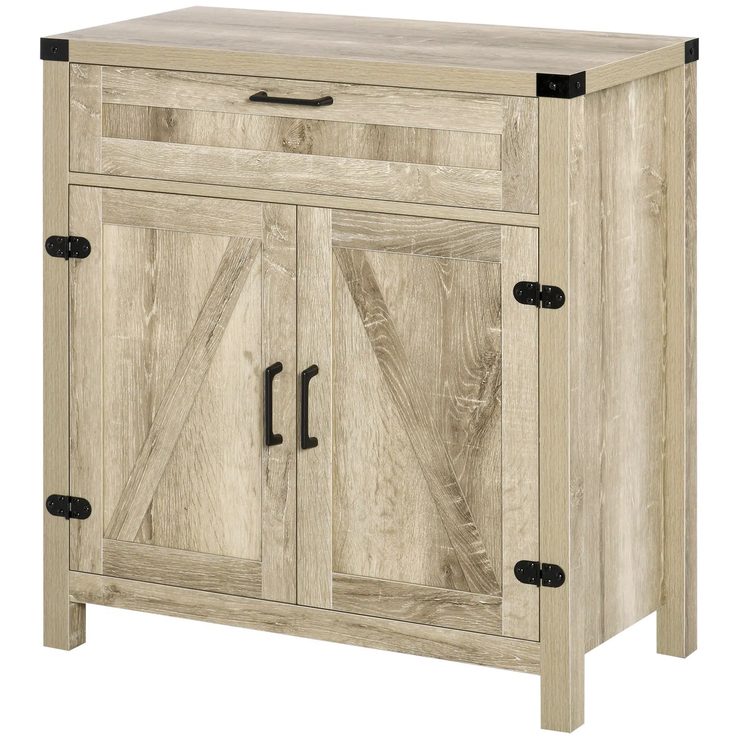 Armoire de cuisine de ferme, buffet avec 2 portes de grange, tiroir, chene