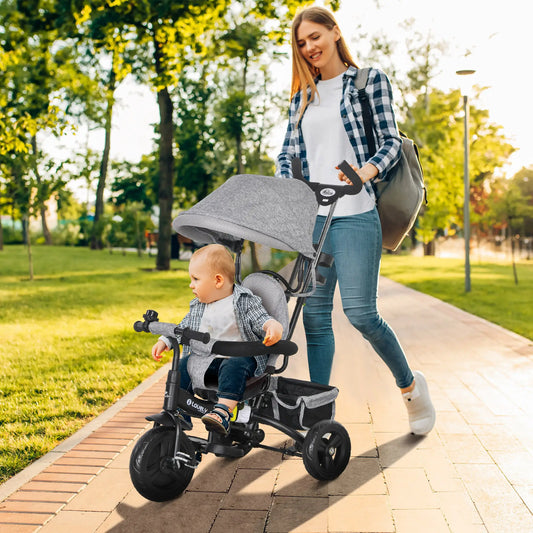 6 in 1 Toddler Tricycle Stroller, Basket, Canopy, 5-Point Harness, 12-60 Months, Grey Tricycles for Kids Grey, Black at Gallery Canada