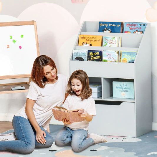 Kids Bookcase, Multi-Shelf Organizer with Drawer, Grey Baby & Kids Storage Grey at Gallery Canada