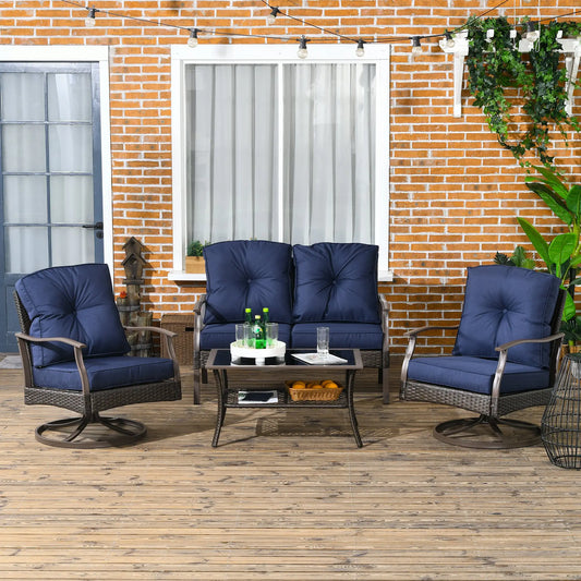 4 Pcs PE Rattan Wicker Sofa Set, Outdoor Conversation Furniture, Navy Blue Patio Furniture Sets Brown Wicker, Navy Blue Fabric at Gallery Canada