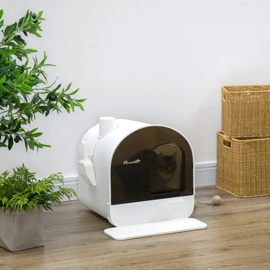 Cat Litter Box with Lid, Removable Tray, Scoop, Filter, White Cat Litter Box Enclosures White at Gallery Canada