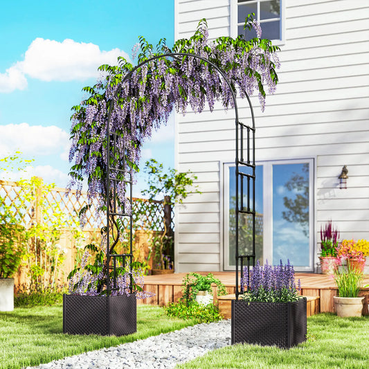 8ft Garden Arch with Planters, Steel Trellis Arbor, Brown, Black Garden Arches Brown Planter, Black Frame at Gallery Canada
