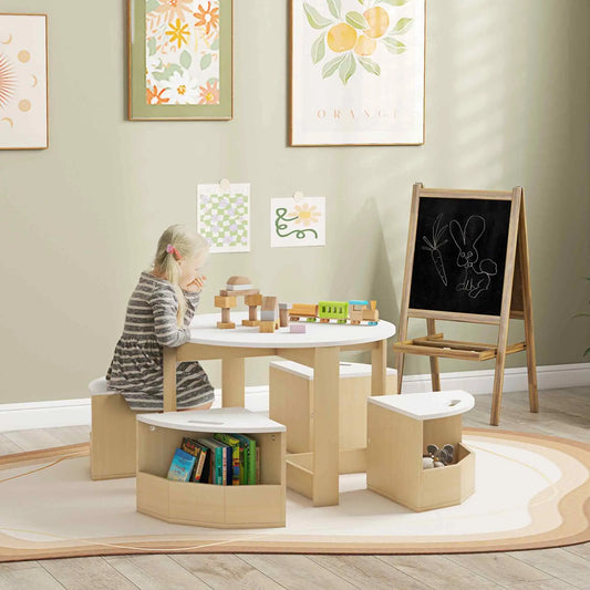 5 Piece Kids Table and Chair Set, with Storage, White Kids Table Sets White and Nature Wood at Gallery Canada