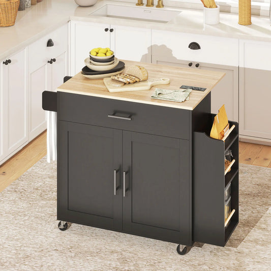 Kitchen Island with Storage, Rolling Cart, Foldable Drop Leaf, Power Outlet, USB Ports, Black Kitchen Islands & Kitchen Carts Natural, Black at Gallery Canada