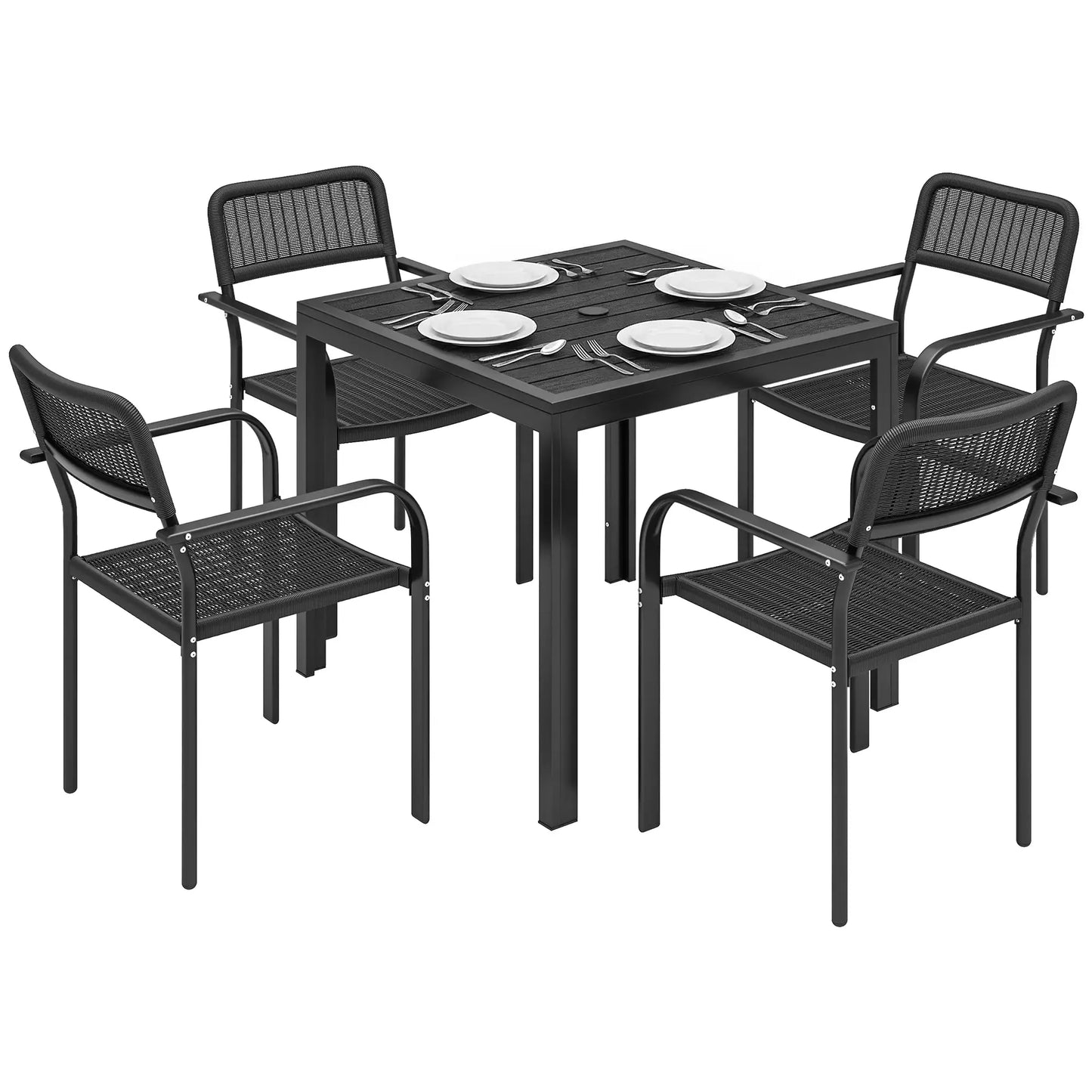 Outdoor Dining Set For 4, Faux Wood Metal Patio Table, Stackable Chairs, Black Outdoor Dining Sets at Gallery Canada