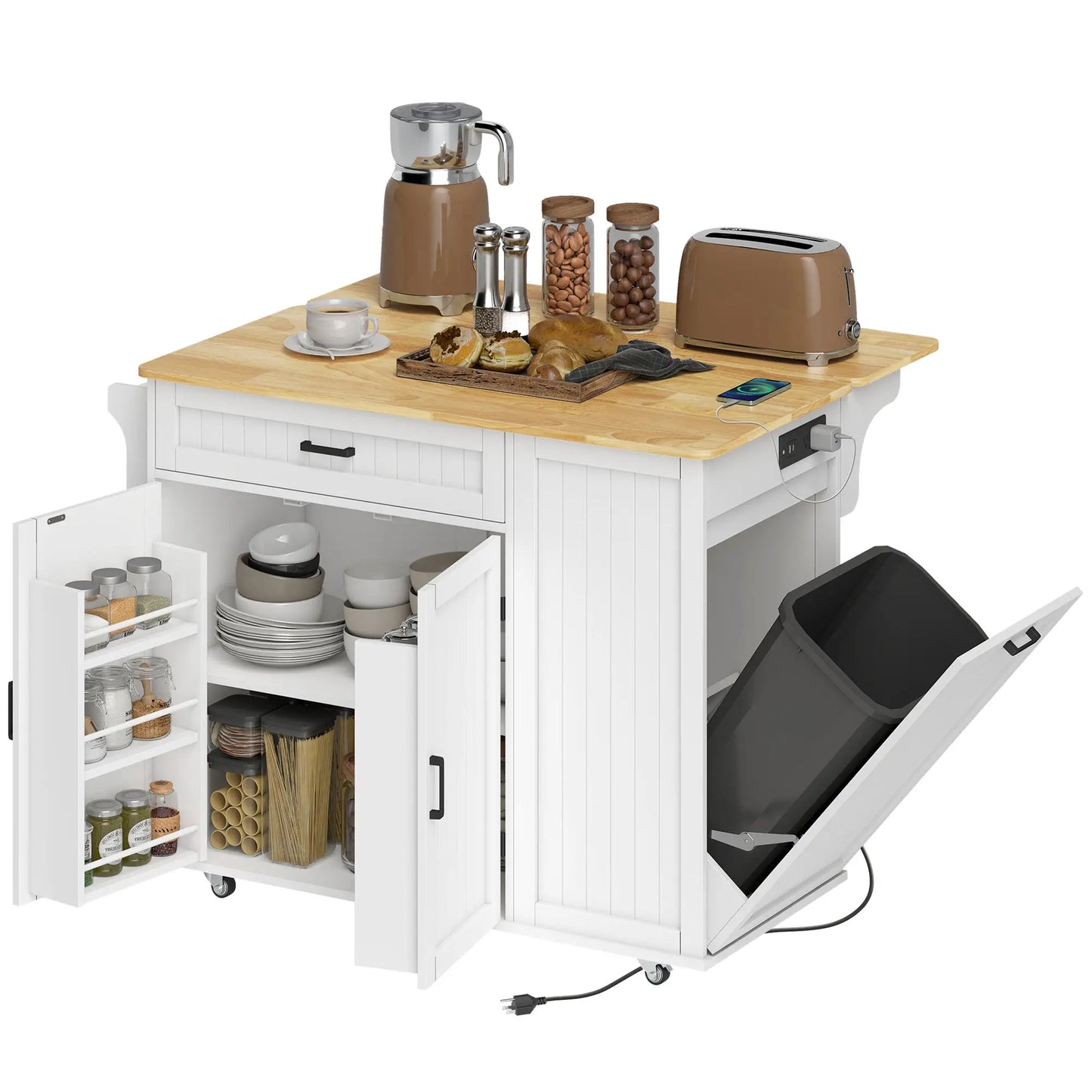 Portable Kitchen Island Cart, Rubber Wood Drop Leaf, Trash Storage, White Kitchen Islands & Kitchen Carts at Gallery Canada