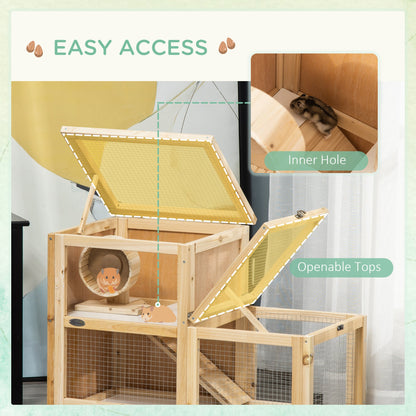 Wooden Hamster Cage, Mice Rodent Small Animals Kit Hutch, 2 Tiers Exercise Play House, with Sliding Tray, Ladder, Seesaw, Running Wheel, Openable Roofs, 31" x 16" x 23.5", Natural Wood at Gallery Canada