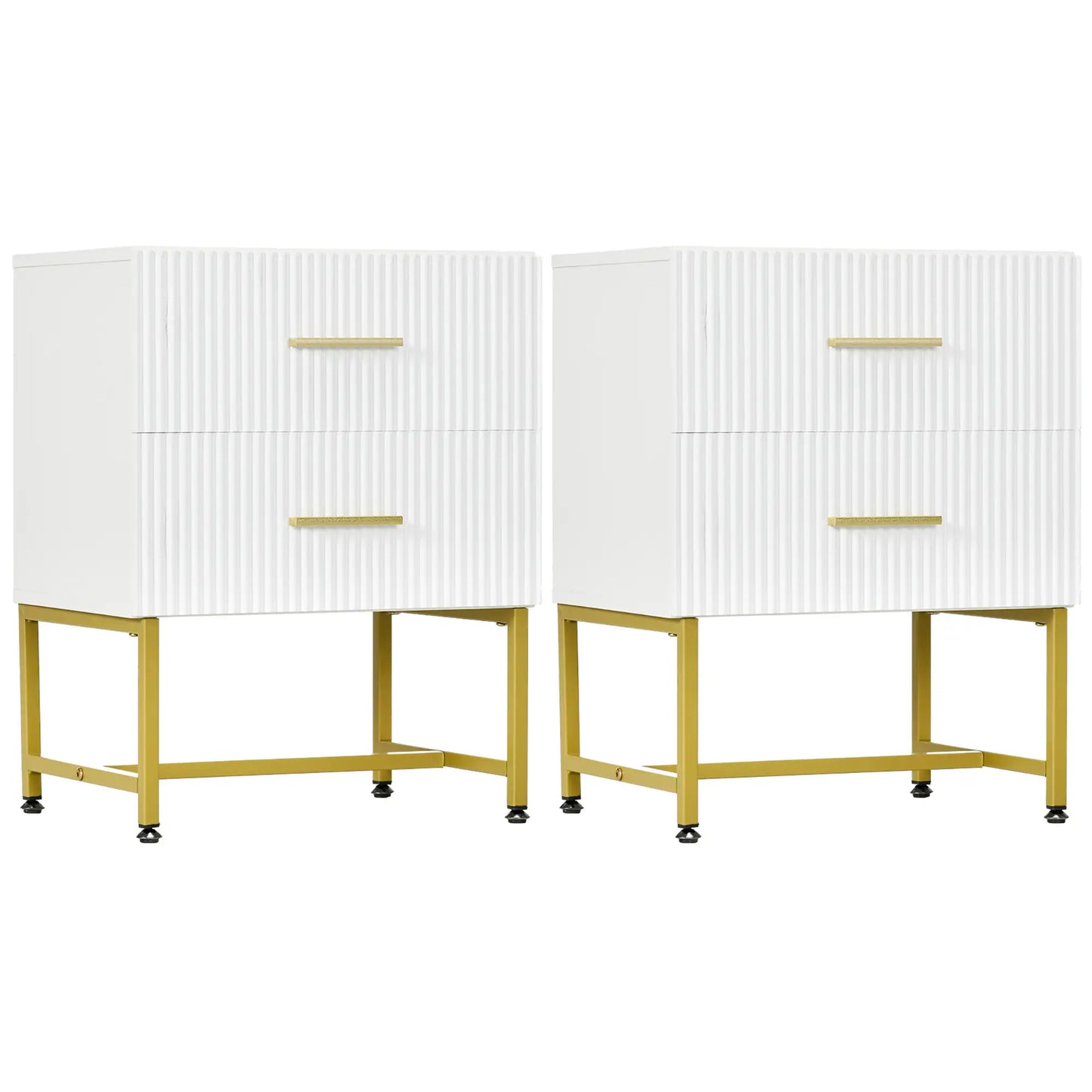 2 Nightstands with Storage, Modern Bedside Tables, 2 Fluted Drawers, Gold Legs, White