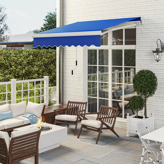 8'x7' Manual Retractable Patio Awning, Sun Shade Canopy, Blue Door Awnings White Frame, Blue Fabric at Gallery Canada