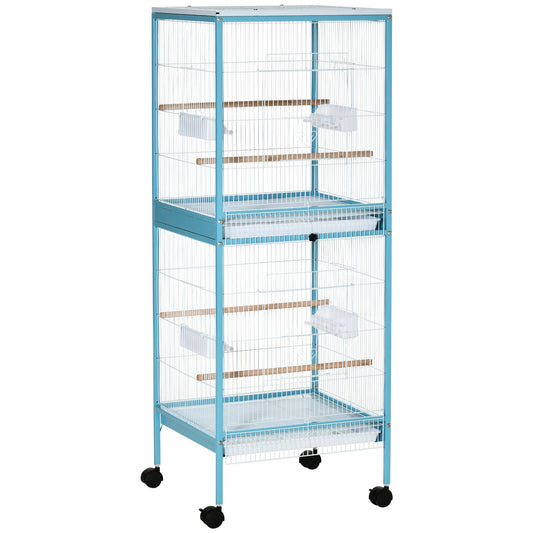 55.1" 2 In 1 Bird Cage Aviary Parakeet House for finches, budgies with Wheels, Slide-out Trays, Wood Perch, Food Containers, Light Blue - Gallery Canada