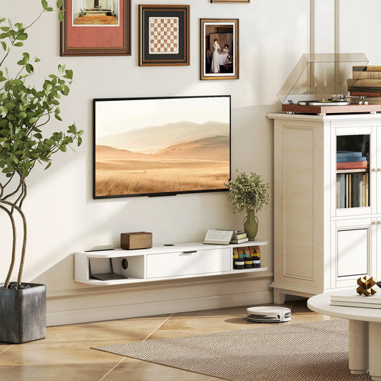 47 Inch Floating TV Stand, Wall Mounted Media Console, White TV Stands White Wood Grain at Gallery Canada
