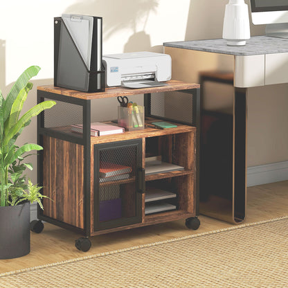 Printer Stand with Socket and USB Charging Ports, Industrial Mobile Printer Table with Storage and Wheels, Rustic Brown at Gallery Canada