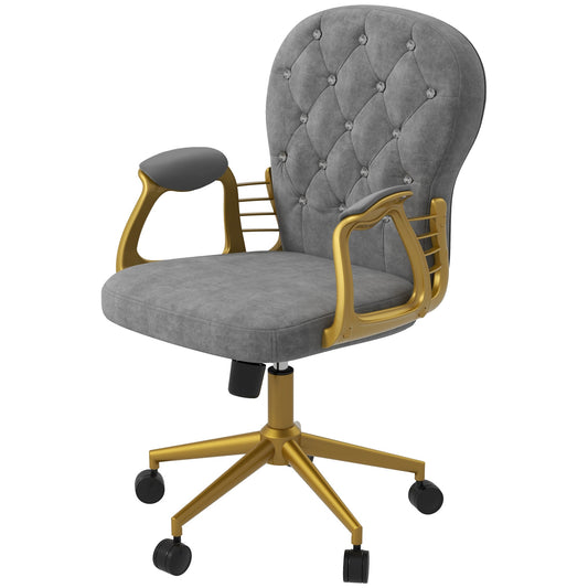 Velvet Office Desk Chair Button Tufted Vanity Chair with Swivel Wheels, Adjustable Height and Tilt Function, Grey - Gallery Canada
