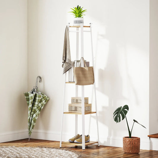 Porte-vêtements avec rangement, 8 crochets, étagère à 3 niveaux, chêne
