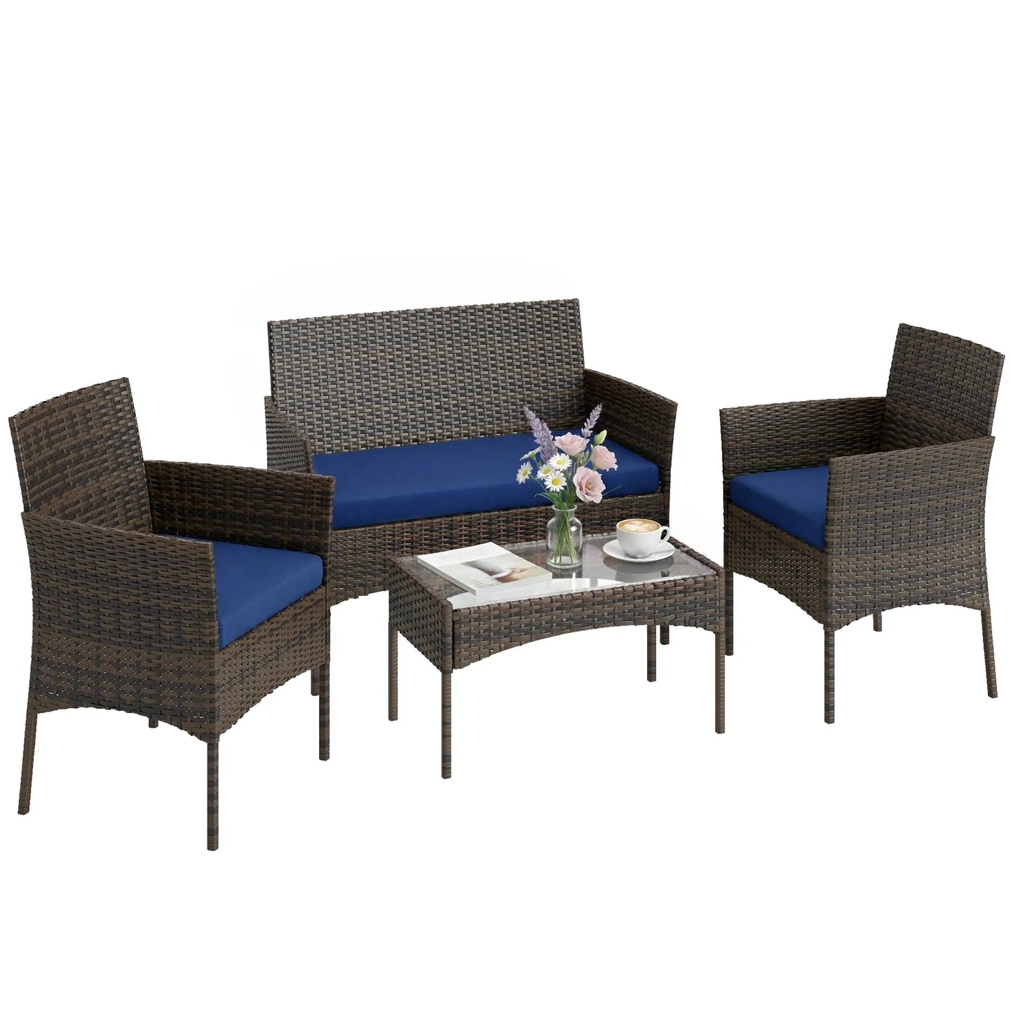 4-Piece Wicker Patio Furniture Set, Glass Coffee Table, Navy Blue Patio Furniture Sets at Gallery Canada