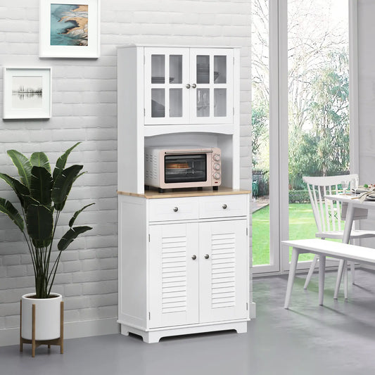 Coastal Kitchen Buffet Hutch, Wood Storage Cupboard, Glass Door, White Kitchen Pantry Cabinets White at Gallery Canada