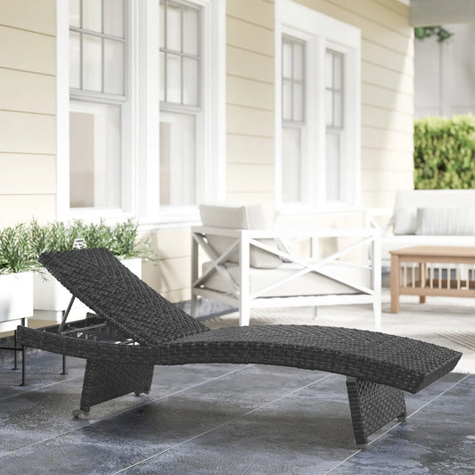 Folding Wicker Outdoor Chaise Lounge, 4-Level Adjustable Backrest, Black Wicker Chaise Loungers Black at Gallery Canada