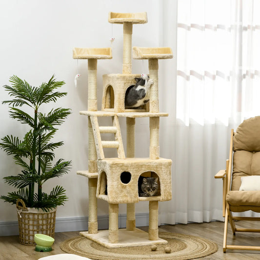 71-Inch Multi Level Cat Scratching Tree, Kitty Condo with Toys, Beige Cat Towers Beige at Gallery Canada