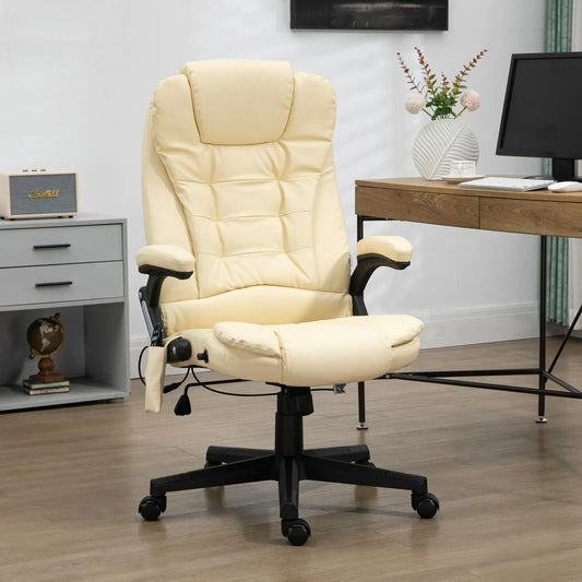 Chaise de bureau à massage chauffant réglable pivotante, dossier haut en cuir, beige