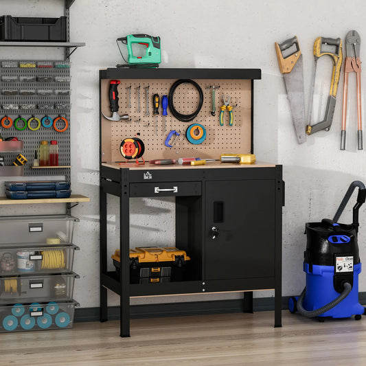Multipurpose Garage Workbench, Storage Drawer, Peg Board, Lockable Cabinet Office Desks & Work Stations Black at Gallery Canada