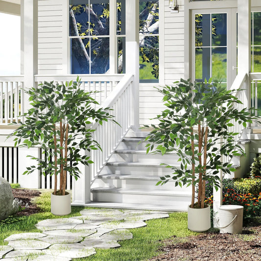 4FT Artificial Banyan Tree Set Of 2, Fake Potted Tree With Wood Trunk