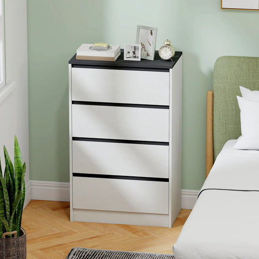 Haute commode, commode 4 tiroirs, effet bois blanc, blanc