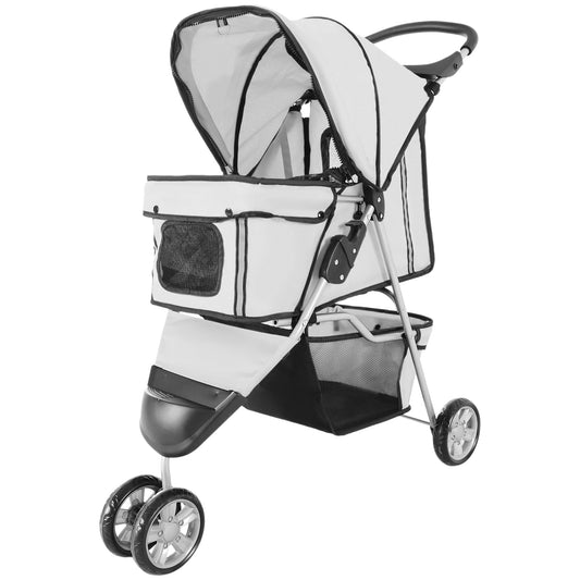 Deluxe 3 Wheels Pet Stroller Foldable Dog Cat Carrier Strolling Jogger with Brake, Canopy, Cup Holders and Bottom Storage Space (Grey) at Gallery Canada