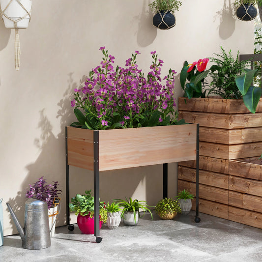 Wooden Elevated Planter Box, Raised Garden Bed, Wheels, Metal Legs Raised Garden Beds Natural and Black at Gallery Canada