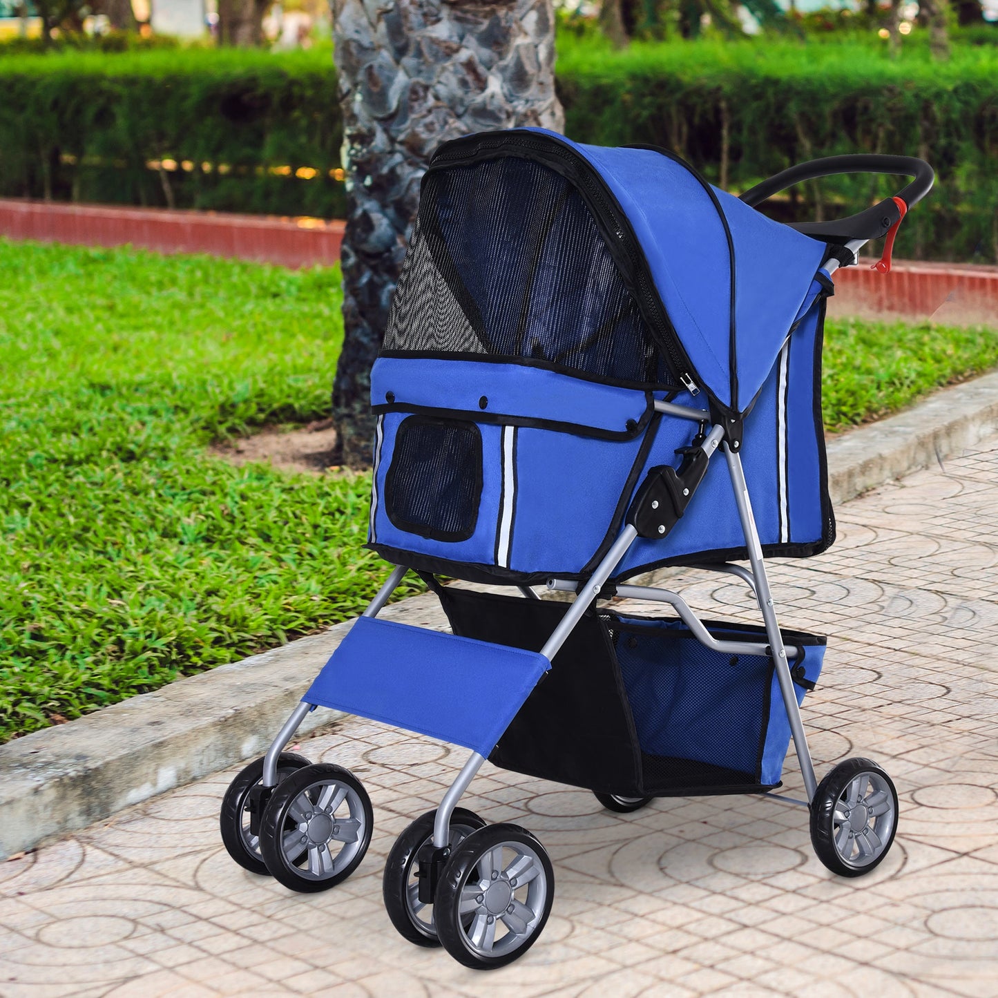 4 Wheel Dog Pet Stroller Dog Cat Carrier Folding Sunshade Canopy with Brake, Blue at Gallery Canada