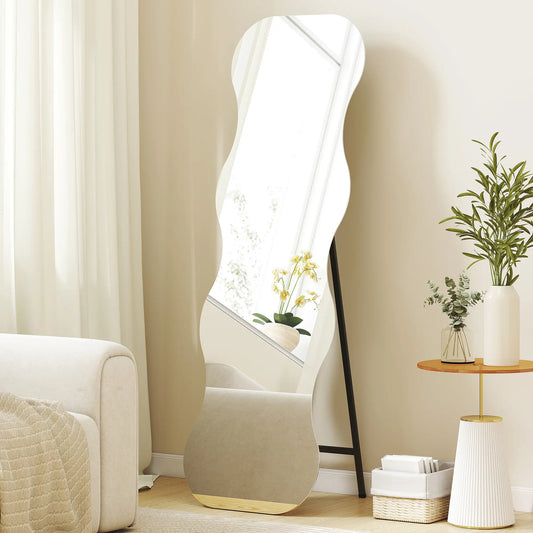 64" x 21" Full Length Mirror, Irregular Wavy Frameless with Pine Wood Base, Black